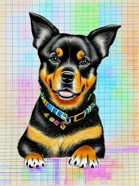 drawn cartoon cute Rottweiler, on a sheet of paper, checkered sheets, ((note paper, background, detailed, graph, paper, pen, sheet, texture)), Kleto4ka <lora:Kleto4ka:0.8>, details