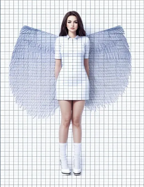 <lora:Kleto4ka2:0.7> a graph paper background, (front shot, full body, of (woman mage), drawn on a checkered page), ((paper texture skin)), with wings, ((drawn))