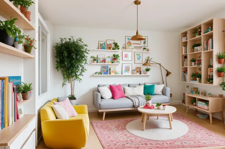 playroom, bookshelf on the wall in the background, [plant pots], plants, books on the table, garlands