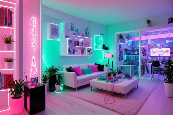 playroom for an adult teenager, neon lights, bookshelf on the wall in the background, [potted plants], plants, books on the table, garlands, magic room