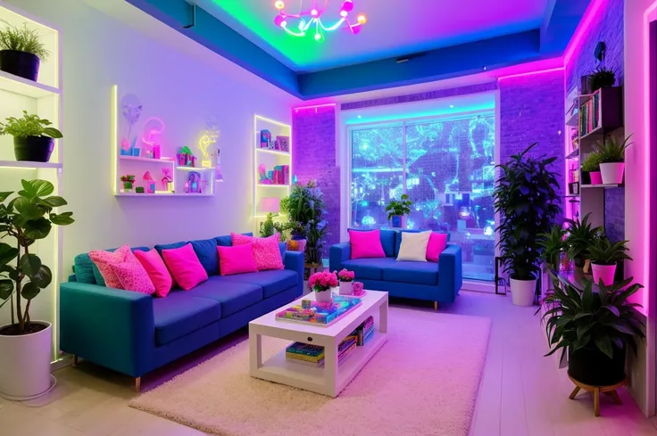 playroom for an adult teenager, neon lights, bookshelf on the wall in the background, [potted plants], plants, books on the table, garlands, magic room