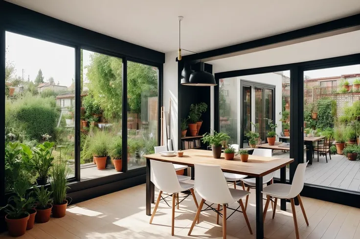evening, (screen), in the background there is a bookshelf on the wall, [pots with plants], plants, books on the table, panoramic windows