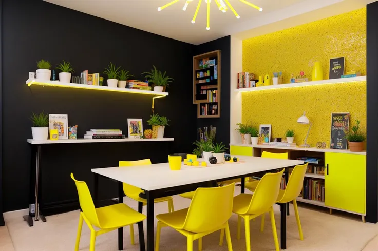 playroom for an adult teenager, yellow neon lights, bookshelf on the wall in the background, black wall, [plant pots], plants, books on the table, garlands, magic room