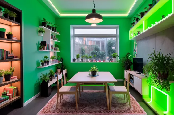 playroom for an adult teenager, green neon lights, bookshelf on the wall in the background, [pots with plants], plants, books on the table, garlands, magic room