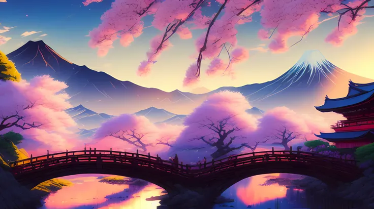 hestyle, masterpiece ,Japanese wooden bridge, anime style, mountains, wallpaper, cherry blossom trees, (((evening sun))), falling cherry blossoms, neon colors, haze and fog