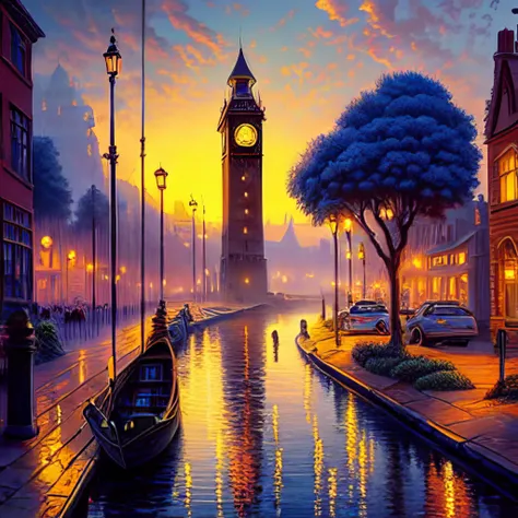 a painting of a city street with a clock tower in the background and a river running through it with a boat in the foreground, a detailed matte painting, Evgeny Lushpin, gothic art, kinkade, hestyle