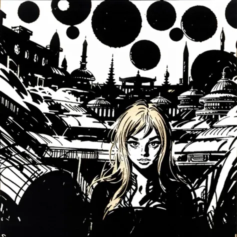 brlla1 a girl in the city surrounded by policemen, destroyed buildings in the background
 , black ink  <lora:brlla1-sd1.5:1>