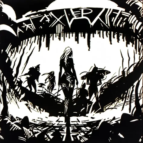 brlla1 girl, in the background, surreal world and creatures, black ink <lora:brlla1-sd1.5:1>