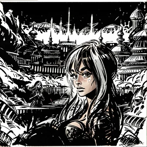 brlla1 closeup portrait of a girl, alien city in the background, black ink <lora:brlla1-sd1.5:1>
