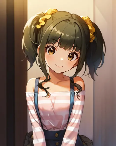 <lyco:CGFujiiTomo:0.8>,1girl,cgft,looking at viewer,smile,
upper body,(fthb),twintails,yellow scrunchie,black hair,brown eyes,
pink striped shirt,off-shoulder, suspenders