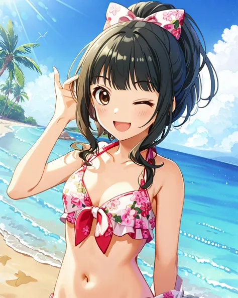 <lyco:CGFujiiTomo:0.8>,1girl,cgft,open mouth,looking at viewer,one eye closed,smile,
upper body,(ftha),pink hair bow,ponytail, black hair,brown eyes,
bikini,floral print,small breasts,cleavage, navel BREAK beach,shore,sky
