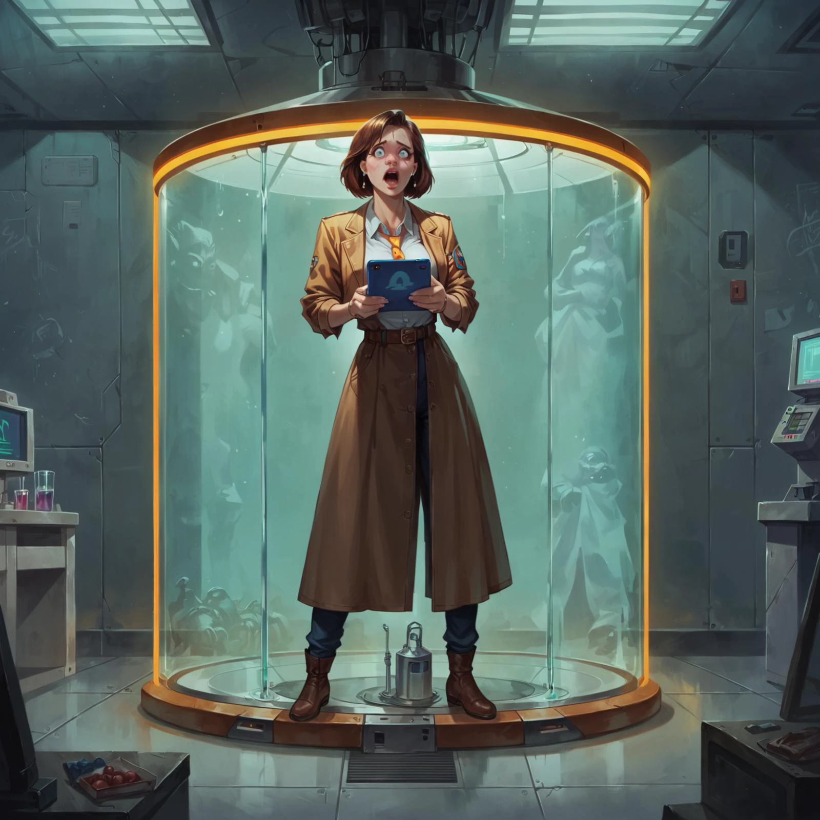 score_9, score_8_up, score_7_up, 1girl, (girl hiding in a laboratory, monster getting closer:1.2), full body, (Hiding behind a box or equipment :0.7), fear, scared, worried, retrofuturism, (neon lights:0.7), monster getting closer, 80s style arcade, video games, cinematic lighting, volumetric lighting, unique angle, foggy atmosphere, realistic anime, (digital art:1.1), <lora:80s-xl-v101-32:0.8>, <lora:Concept Art Twilight Style SDXL_LoRA_Pony Diffusion V6 XL:0.8>, <lora:StS_detail_slider_v1:0.7>
