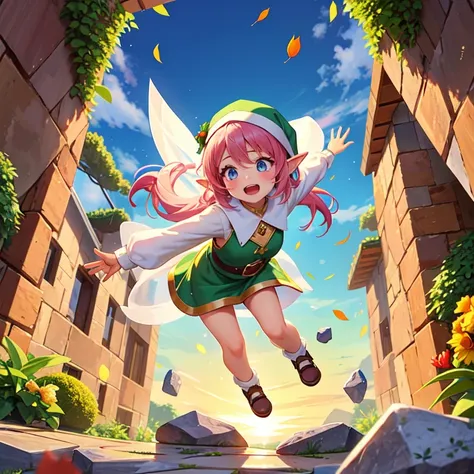 (masterpiece, best quality), (adorable cute small fighting elf 1girl),(long ponny hair),(full body),(cracked rocks),(falling leafes),
