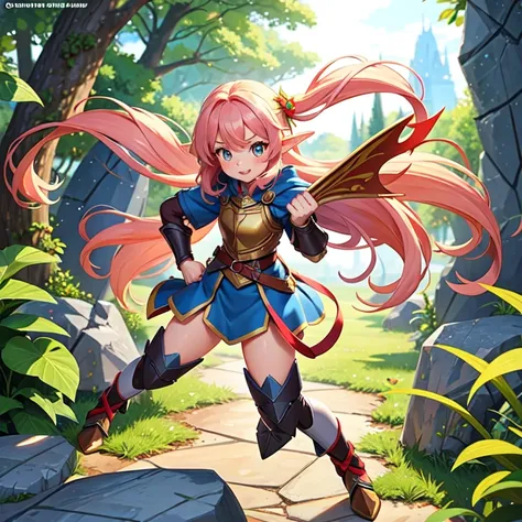 (masterpiece, best quality), (adorable cute small elven 1girl),(long ponny hair),(full body),(fighting pose),(cracked rocks),(falling leafes),(enchanted breastplate)