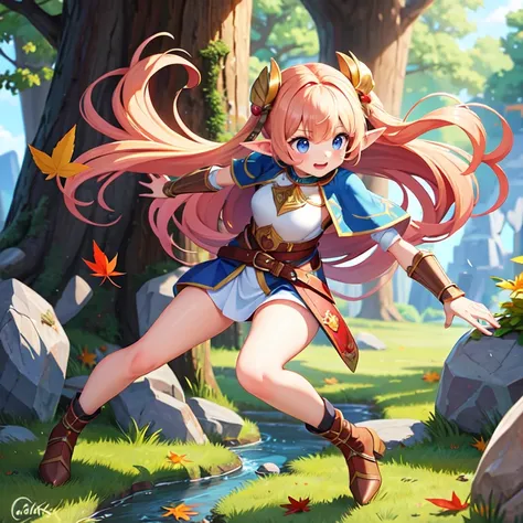 (masterpiece, best quality), (adorable cute small elven 1girl),(long ponny hair),(full body),(fighting pose),(cracked rocks),(falling leafes),(enchanted breastplate)