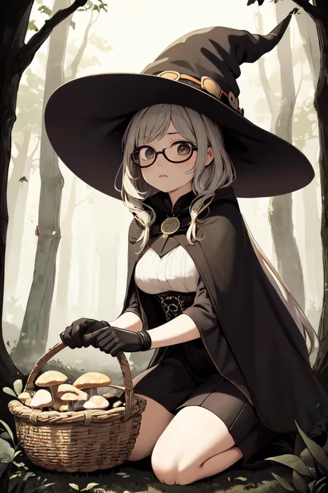 masterpiece, best quality, high contrast, 1girl, cute, witch girl, big witch hat, gloves, in forest, kneeling, big mushroom, magical, magic, big round glasses, good lighting, concentrated expression, harvesting mushrooms, mushroom in hand, basket, (magical)