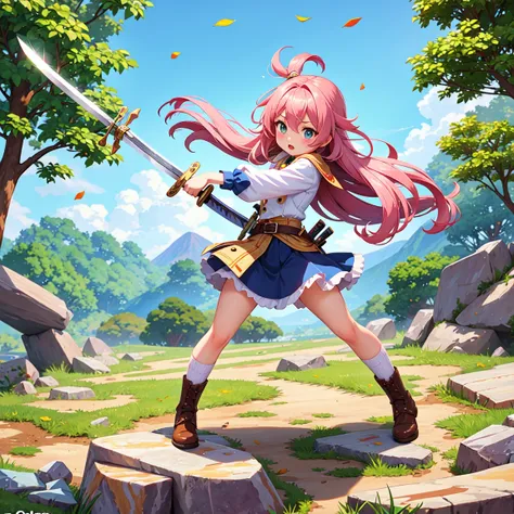 (masterpiece, best quality), (adorable cute small 1girl),(long ponny hair),(fighting holding sword:1.4),(full body),(cracked rocks),(falling leafes),