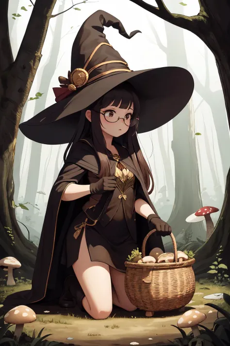 masterpiece, best quality, high contrast, 1girl, cute, witch girl, big witch hat, gloves, in forest, kneeling, big mushroom, magical, magic, big round glasses, good lighting, concentrated expression, harvesting mushrooms, mushroom in hand, basket, (magical)