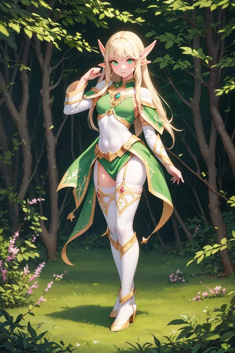 (masterpiece, best quality), (full body:1.6), standing (small fighting elven 1girl:1.6),(magical),(cute,adorable:1.3),blonde hair, green eyes, medium breast, beautiful, detailed, enchanted breastplate with precious gemstones, white thigh-high greaves, seductive pose, in a forest, magic flora, detailed face and eyes, volumetric light,(ultra quality skin:1.7),