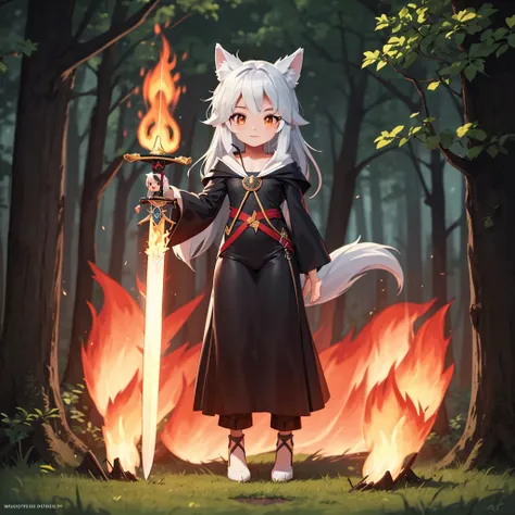 masterpiece, best quality,(full body:1.6),(sci-fi 1girl:1.5 ),(very cute ),(adorable),(small werewolf in forest),(holding magic flame sword:1.6)