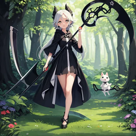 masterpiece, best quality,(full body:1.6),(fantasy 1girl ),(very cute ),(adorable),(small witch in forest),(with  magical scythe:1.6)