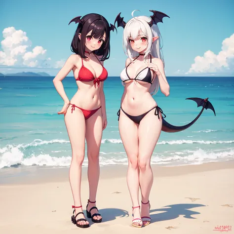 masterpiece, best quality,(full body:1.6),(2 girls one succubus 1girl with tail and one vampire 1girl in cute bikini playing on the beach:1.7 ),(very cute,adorable:1.3),