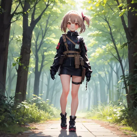 masterpiece, best quality,(full body:1.6),(1girl bounty hunter:1.7 ),(very cute,adorable:1.3),(on forest),(searching for enemys),
