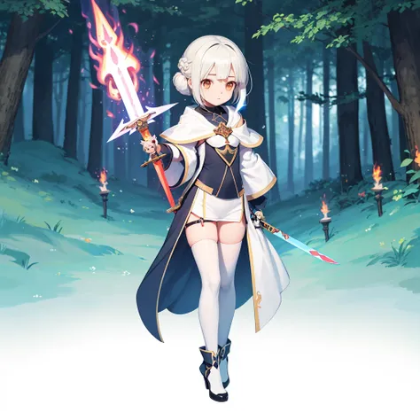 masterpiece, best quality,(full body:1.6),(sci-fi 1girl:1.5 ),(very cute ),(adorable),(small high tech in forest),(holding  magic flame sword:1.6)