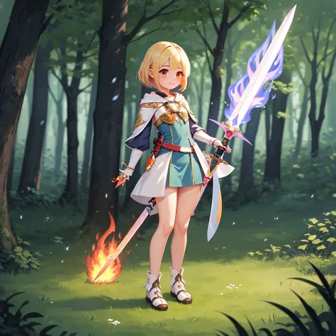 masterpiece, best quality,(full body:1.6),(sci-fi 1girl:1.5 ),(very cute ),(adorable),(small high tech in forest),(holding magic flame sword:1.6)