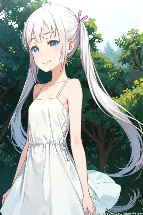 cowboy shot, smile, solo, <lora:komako semenovich ova-lora-nochekaiser:0.9> komako semenovich, blue eyes, ribbon, twintails, hair ribbon, white hair, dress, white dress, <lora:kuroboshi_kouhaku_style_v01:1>, ultra detailed, masterpiece, best quality, aesthetic, detailed,
