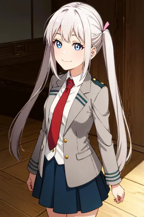 cowboy shot, smile, solo, <lora:komako semenovich ova-lora-nochekaiser:0.9> komako semenovich, blue eyes, ribbon, twintails, hair ribbon, white hair, <lora:attire_uauniforms-17:1> u.a. school uniform, grey jacket, red necktie, green skirt,, ultra detailed, masterpiece, best quality, aesthetic, detailed,