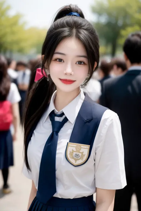 Girl, smile, school uniform, short ponytail, campus, lively crowd, depth of field, background, film qualityï¼ <lora:girl_20231021225703-000009:0.7>