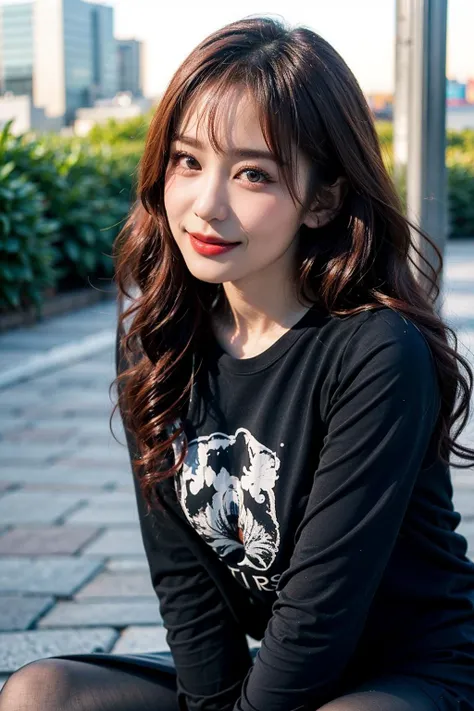 very detailed face, perfectly drawn face, (best quality), ( masterpiece:1.2), photo_grain
depth of field
black eyes, [red hair:0.5], long hair
(Without_makeup:1.5), natural wavy
1girl, small breasts, Black T-shirt, black pantyhose
<lora:sakuragawamegu_lora:1>, closed_mouth, smile, sitting, outdoors, bangs,