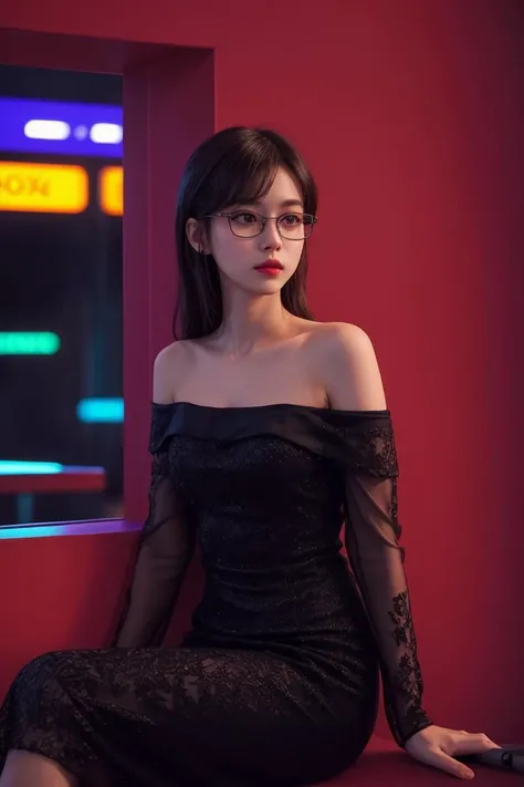 1 girl,glasses,sitting in a dark corner,elegant off-the-shoulder dress,mysterious atmosphere,blurred silhouette,dim lighting,night bar,(charming neon :1.4),(background blur :1.3),halo effect,
