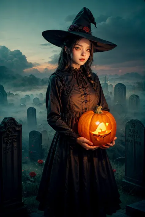 (full_shot:1.5),(1girl:1.1),witch,gothic_ta,shaded_face,holding a pumpkin in his hand,graveyard,jack-o'-lantern,huge filesize,Cinematic Lighting,fantasy,game cg,rose,black hair,blue eyes,bright skin,<lora:v2_lora_ZoomOut:0.9>,<lora:add_detail:1>,cloud,lantern,<lora:minghun-000020:0.5>,