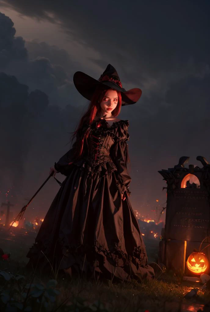 (full_shot:1.5),(1girl:1.1),witch,gothic_ta,shaded_face,holding a pumpkin in his hand,graveyard,jack-o'-lantern,huge filesize,Cinematic Lighting,fantasy,game cg,rose,black hair,blue eyes,bright skin,<lora:v2_lora_ZoomOut:0.9>,<lora:add_detail:1>,cloud,lantern,<lora:monster:1>,monster,