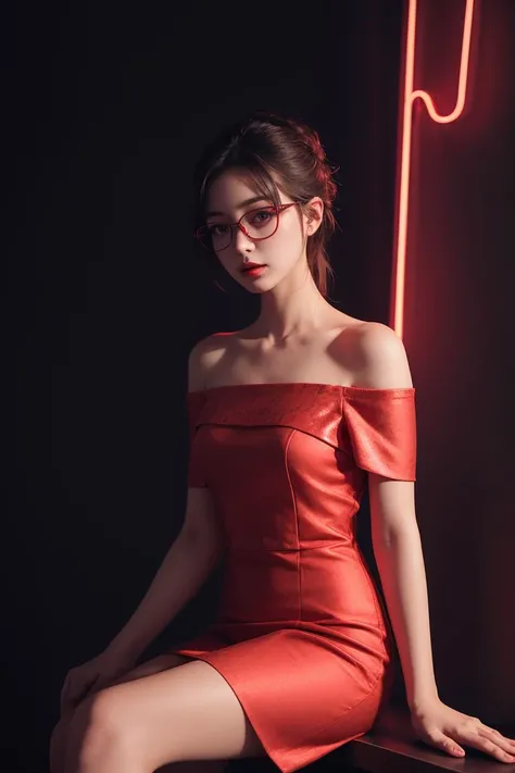 1 girl,glasses,sitting in a dark corner,elegant off-the-shoulder dress,mysterious atmosphere,blurred silhouette,dim lighting,night bar,(charming neon :1.4),(background blur :1.3),halo effect,