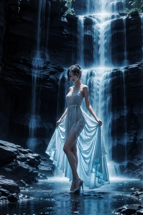 1girl,a beautiful and delicate girl,Blue fluorescent waterfall,<lora:Blue fluorescent waterfall pus:0.75>,high_heels,