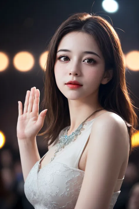 1girl,portrait,bust,dynamic_angle,realistic,highly detailed,beautiful bokeh background,(raise your hand:1.4),say hello to the audience,