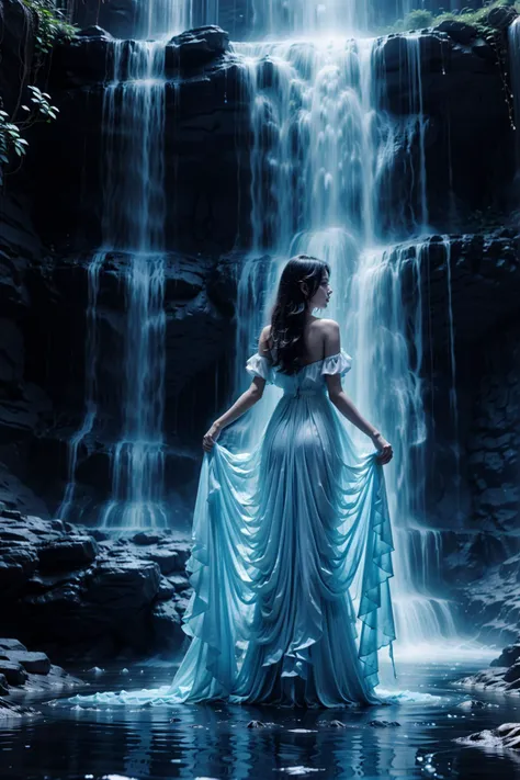 1girl,a beautiful and delicate girl,Blue fluorescent waterfall,<lora:Blue fluorescent waterfall pus:0.83>,high_heels,<lora:duobabaè²å½©çå¼¹:0.6>,blue atmosphere,