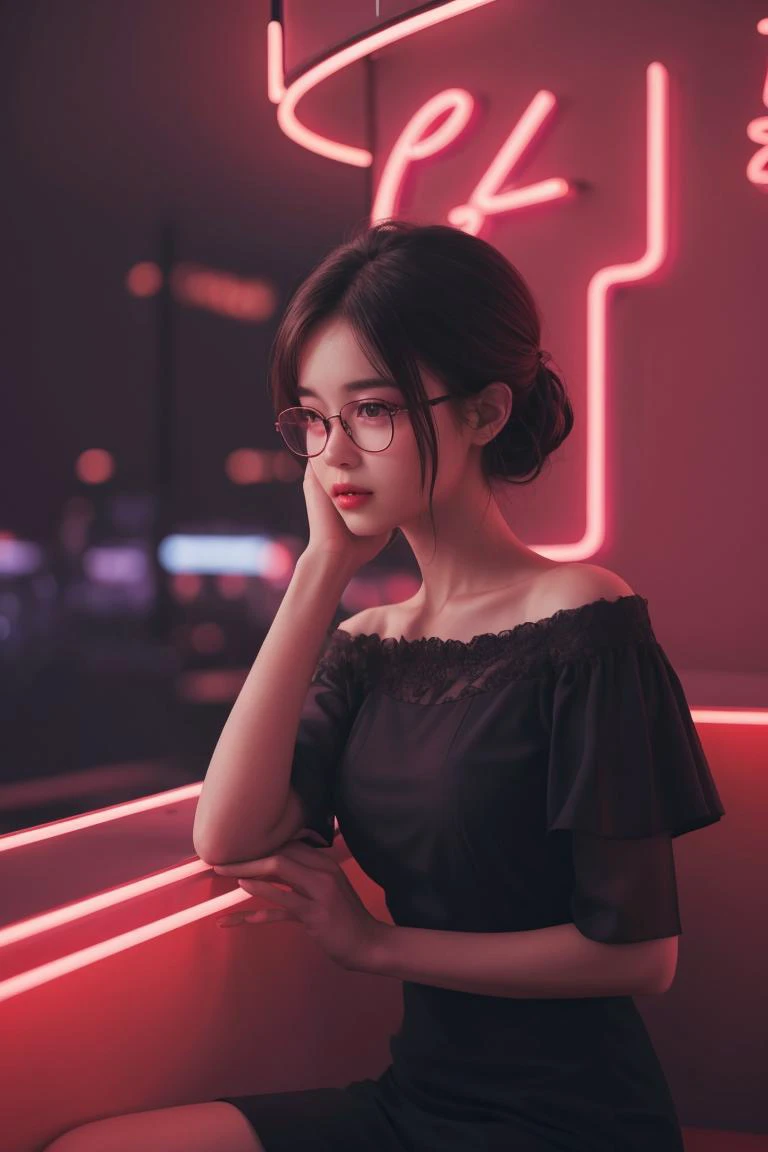 1 girl,glasses,sitting in a dark corner,elegant off-the-shoulder dress,mysterious atmosphere,blurred silhouette,dim lighting,night bar,(charming neon :1.4),(background blur :1.3),halo effect,