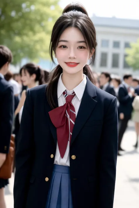 Girl, smile, school uniform, short ponytail, campus, lively crowd, depth of field, background, film qualityï¼ <lora:girl_20231021225703-000009:0.7>