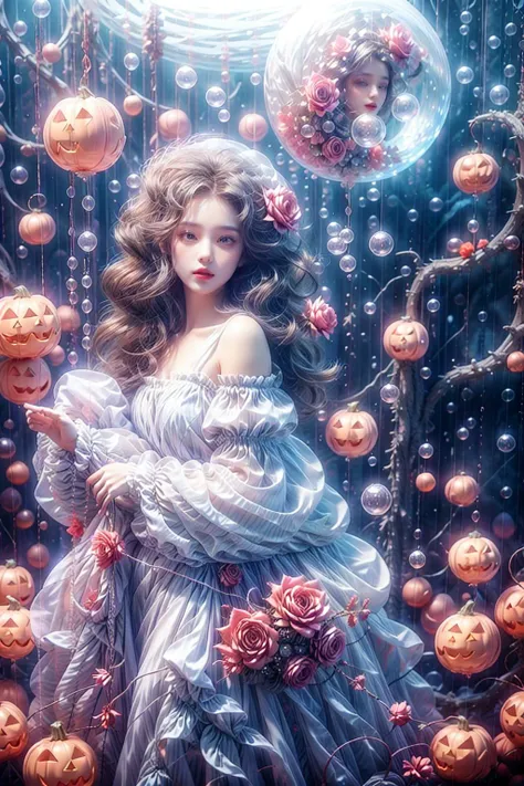 in a surreal photo,real person,shoot,1girl,quite,pumpkin,red rose,complex layering,depth of field,the whole body,standing,((mystical Halloween night)),glowing magic wand,wand casting a soft blue glow,(masterpiece:1,2),best quality,masterpiece,highres,original,extremely detailed wallpaper,perfect lighting,(extremely detailed CG:1.2),perfect_photography.txt(1),<lora:èºæ¯åç-équite_v1.0:0.8>,<lora:duobabaè²å½©çå¼¹:0.7>,<lora:add_detail:1>,red background,red atmosphere,<lora:éé罩:0.5>,<lora:æ³å
:0.8>,