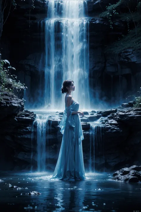 (masterpiece:1.3),(Master photography:1.3),(the gentle maiden:1.3),(grace:1.1),(full-size photograph:1.2),stand,Lovely,
(close shot:1.2),(Blue fluorescent waterfal:1.1),Delicate water,Romanticism,(god rays:1.1),(ray tracing:1.1),UHD,textured skin,1080P,<lora:Blue fluorescent waterfalè§å
çå¸_v1.0:0.76>,