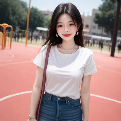 Girl, smile, pink short sleeves, lively crowd, playground, virtual depth of field, virtual background, film qualityï¼ <lora:girl_20231021225703-000009:0.7>