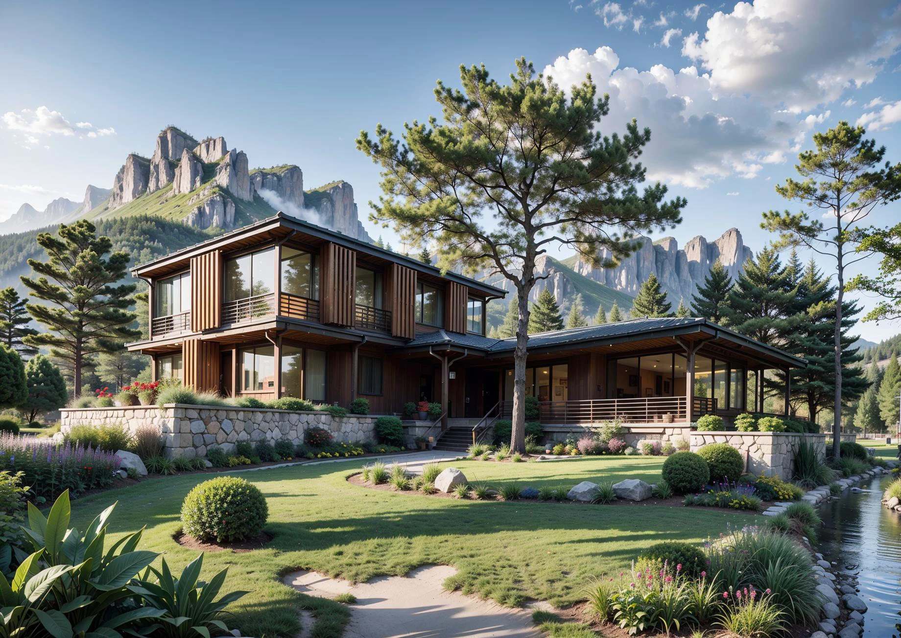 modren architecture,scenery,tree,plant,mountain background,day,sky,((masterpiece)),(high quality),(best quality),(realistic),