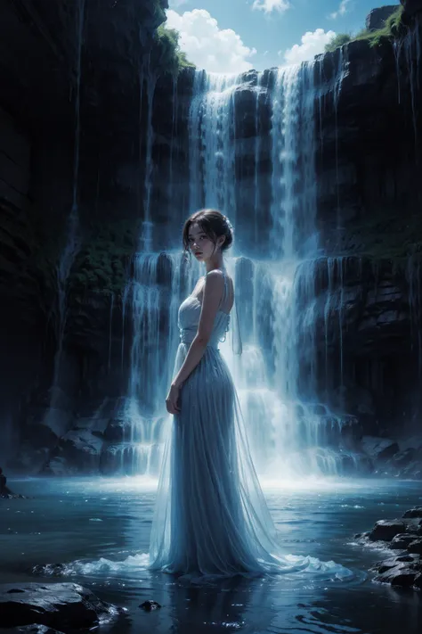 (masterpiece:1.3),(the gentle maiden:1.2),(tulle texture:1.2),standing,(full-size photograph:1.2),(panorama:1.1),
(sky:1.1),(Blue fluorescent waterfall:1.2),(klein blue atmosphere:1.1),Romanticism,ray tracing,UHD,textured skin,1080P,
<lora:Blue fluorescent waterfallè§å
çå¸_v1.0:0.72>,
