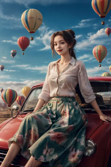 (masterpiece:1.3),(Master photography:1.3),(A beautiful young girl:1.2),(high ponytail:1.1),(hair_bun:1.1),(white shirt:1.1),(green skirt:1.2),Smile,elegant,
sitting,car,Hot Air Balloon,<lora:Hot air balloonçæ°ç_v1.0:0.62>,