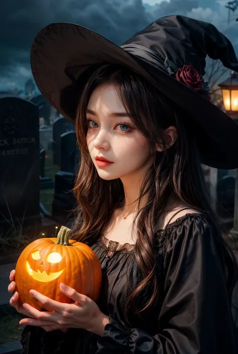 (full_shot:1.5),(1girl:1.1),witch,gothic_ta,shaded_face,holding a pumpkin in his hand,graveyard,jack-o'-lantern,huge filesize,Cinematic Lighting,fantasy,game cg,rose,black hair,blue eyes,bright skin,<lora:v2_lora_ZoomOut:0.9>,<lora:add_detail:1>,cloud,lantern,