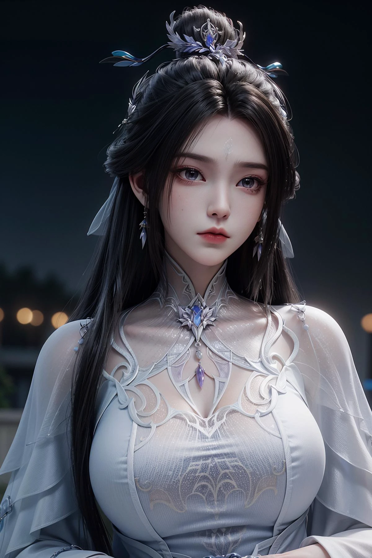 <lora:luxueqiCN:1>,luxueqi,1girl,long hair,black hair,hair ornament,dress,upper body,jewelry,white dress,earrings,solo,forehead mark,sky,chinese clothes,night,hair bun,snowflakes,, best quality , masterpiece, illustration, an extremely delicate and beautiful, extremely detailed ,CG,unity,8k wallpaper, Amazing, finely detail, masterpiece, best quality,official art,extremely detailed CG unity 8k wallpaper,absurdres, incredibly absurdres, huge filesize , ultra-detailed, highres, extremely detailed,beautiful detailed girl, extremely detailed eyes and face, beautiful detailed eyes,light on face,